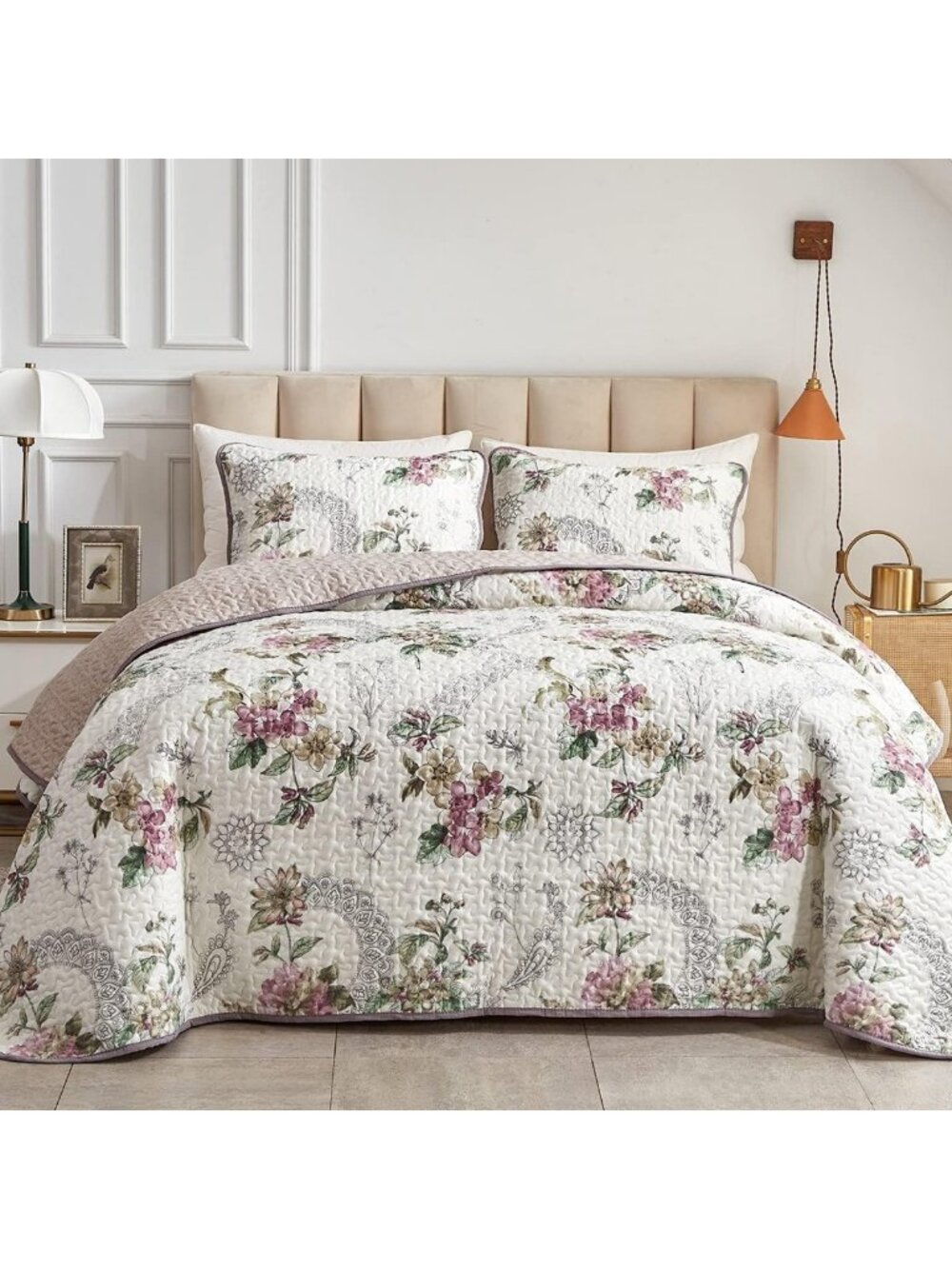 Reversible Floral Quilt Set Full/Queen - Soft Microfiber Bedspread & Shams, All